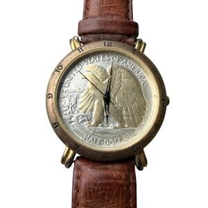 Vintage Brittania Half Dollar Eagle Gold Plate Leather Watch Untested